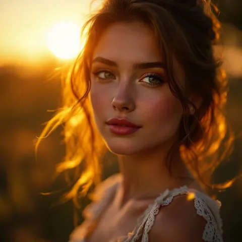 Animated photo — The woman slowly turns her head and smiles, hair stirring in the breeze, the camera pushing in